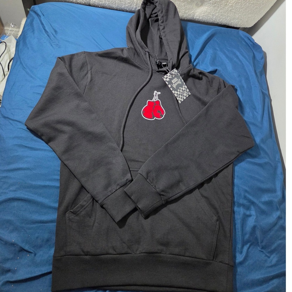 Rebel Vengeance Mens Black Boxing Hoodie All Sluggin No Huggin Graphic Size L